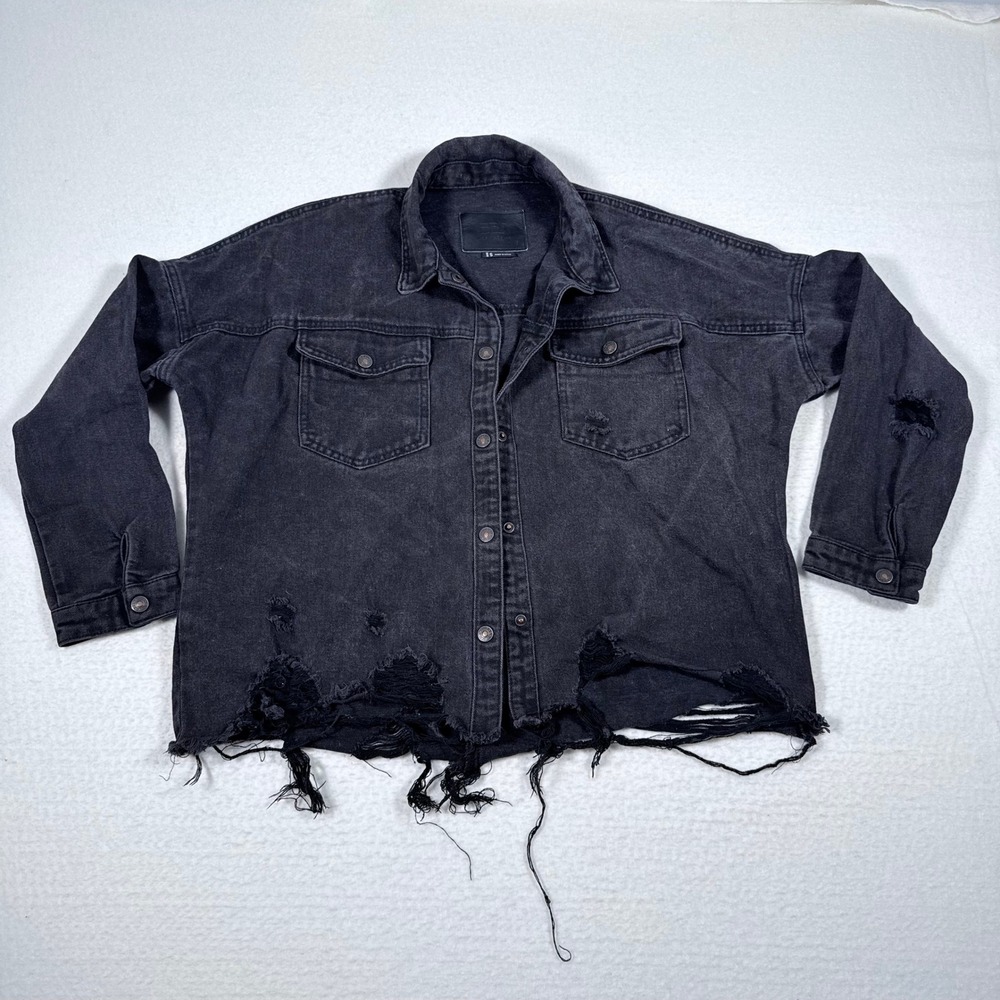 BBJ‎ Los Angeles Distressed Black Denim Jacket Small Rips Frayed Hem Grunge